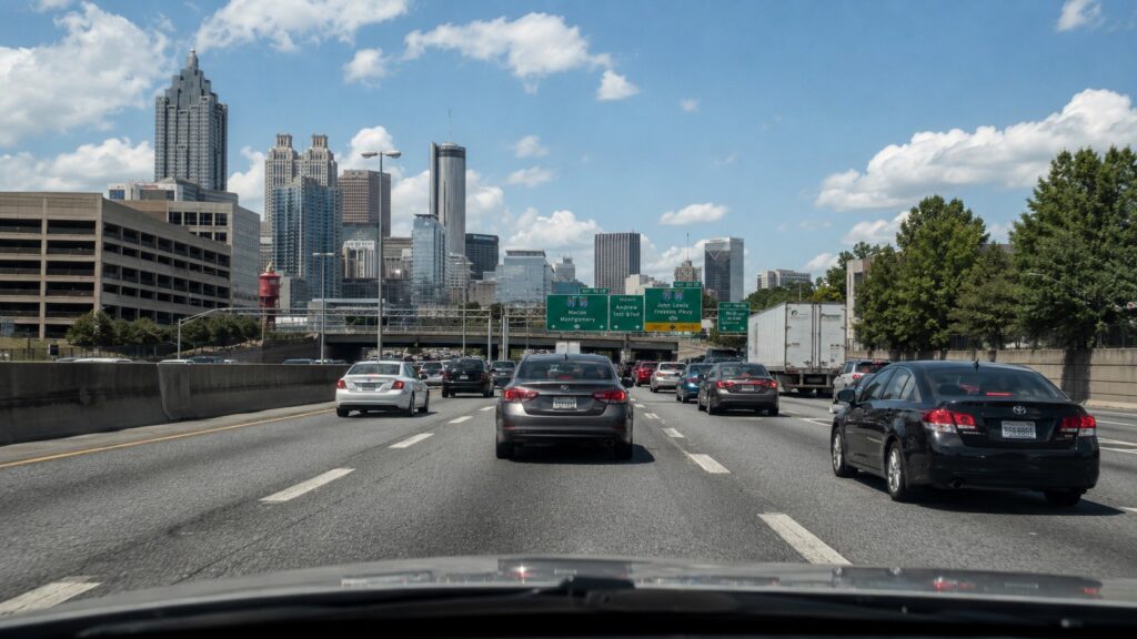 Cars driving downtown Atlanta on highway