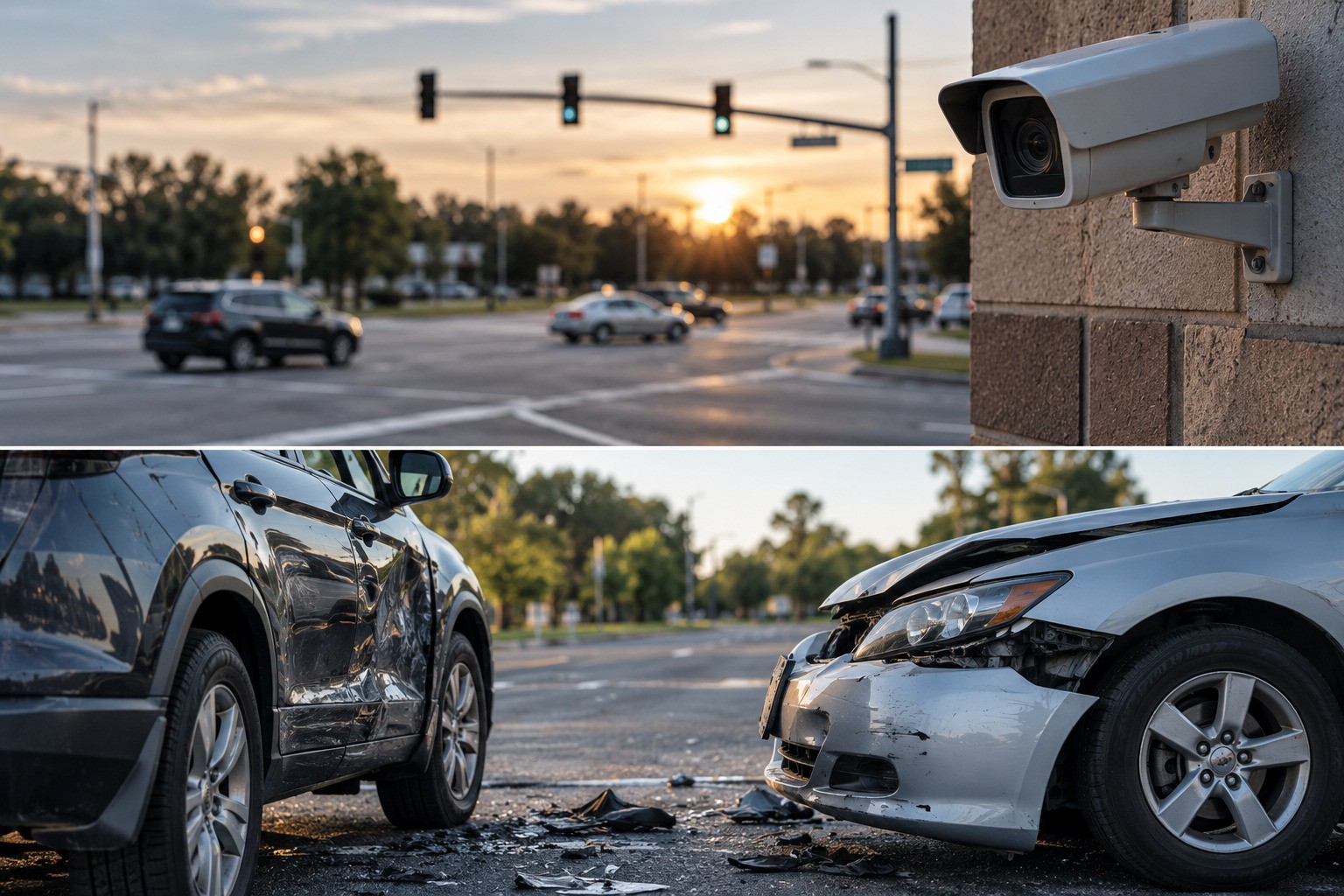 Car accident at intersection with security camera