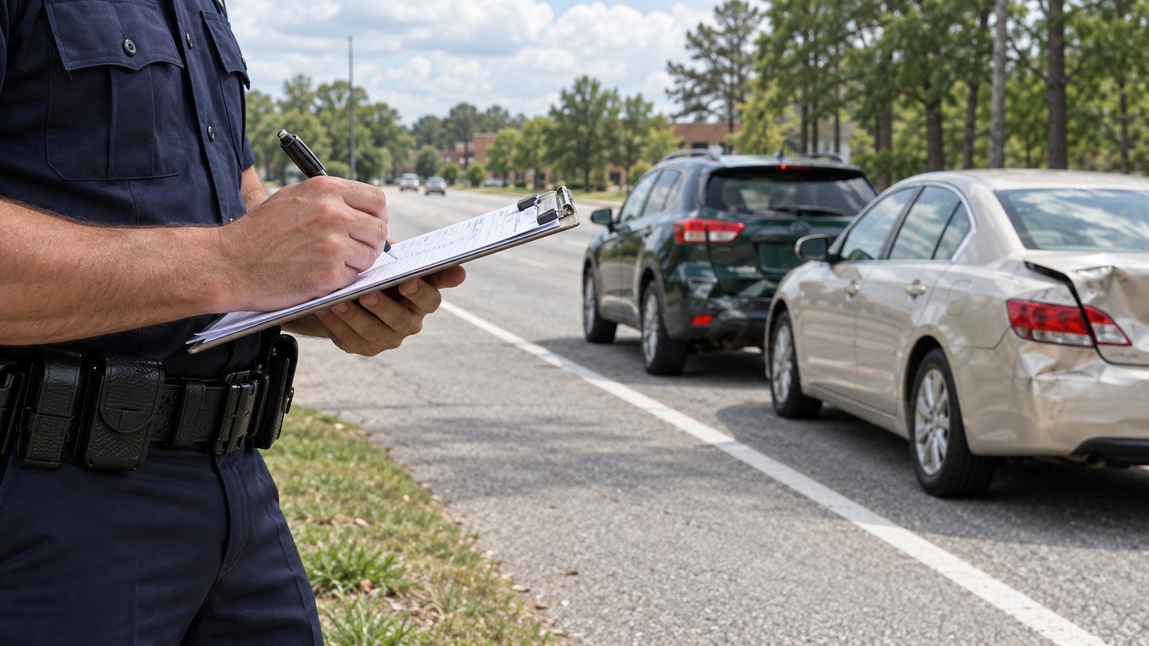 Police officer creating police report Gwinnett County car accident