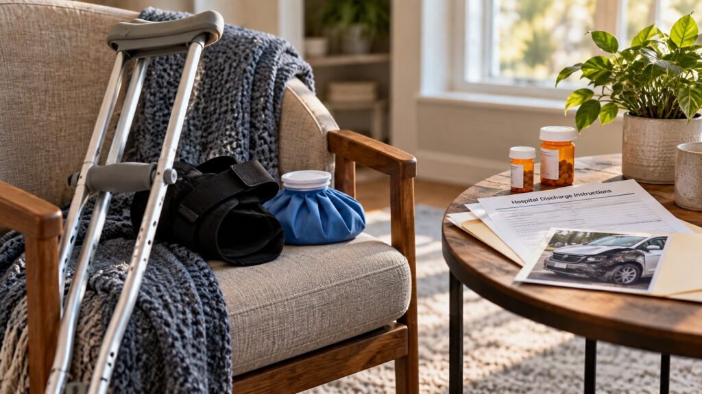 Crutches with accident info on table